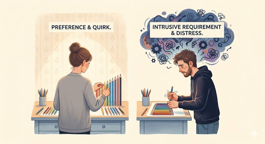 Split-screen illustration. On the left, a person calmly arranges colored pencils under the heading "PREFERENCE & QUIRK." On the right, a man looks visibly exhausted and anxious while gripped by a dark cloud of scribbles and gears, labeled "INTRUSIVE REQUIREMENT & DISTRESS."