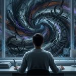 A man sits at a tidy desk, facing a large window where a dark, swirling vortex of chaotic shapes and clocks represents the internal turmoil of OCD.