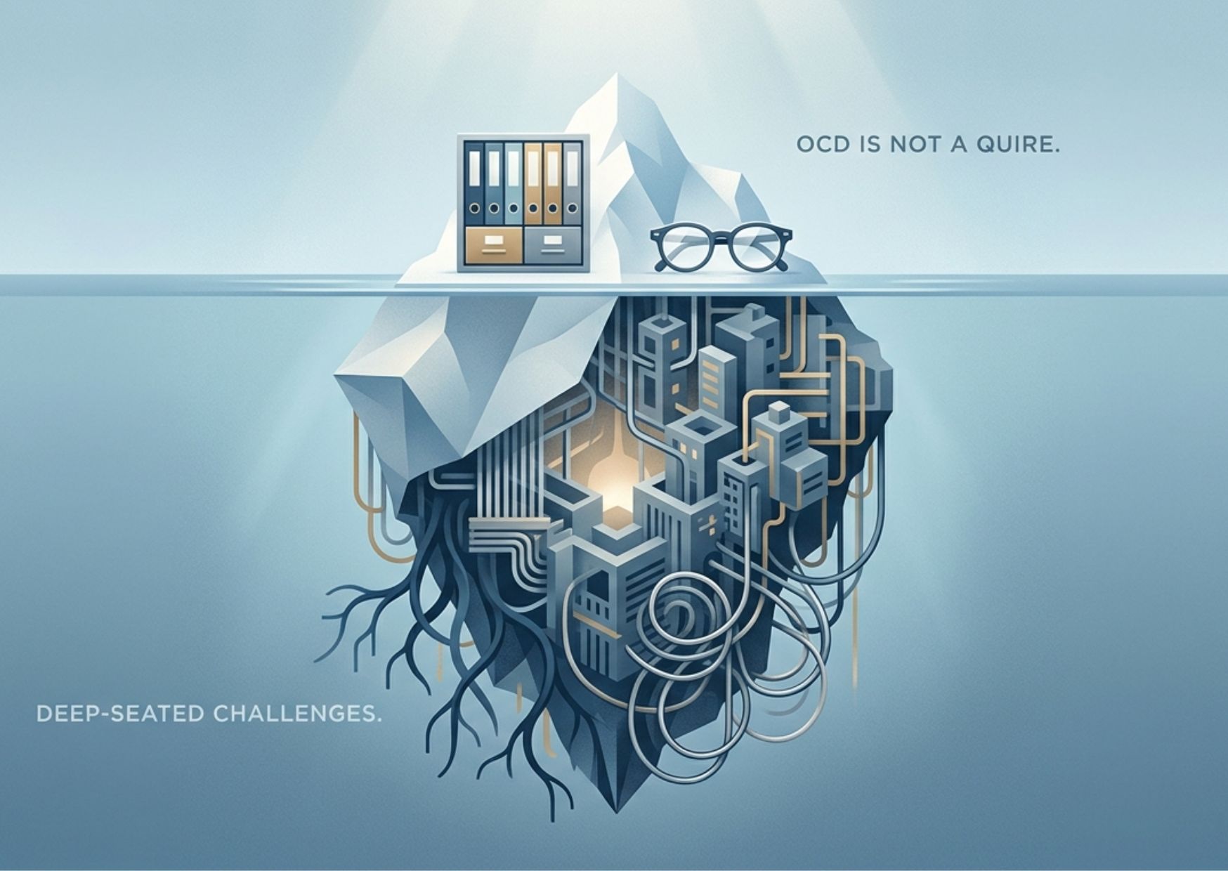 A conceptual iceberg infographic contrasting simple organizational tools on the surface with complex, deep-seated internal challenges and circuitry below.