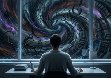 A man sits at a tidy desk, facing a large window where a dark, swirling vortex of chaotic shapes and clocks represents the internal turmoil of OCD.