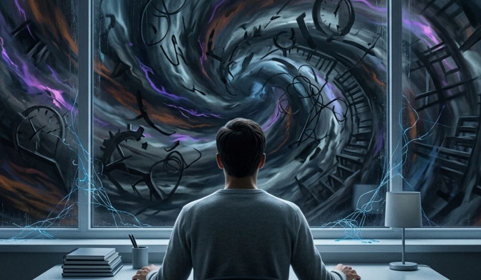 A man sits at a tidy desk, facing a large window where a dark, swirling vortex of chaotic shapes and clocks represents the internal turmoil of OCD.