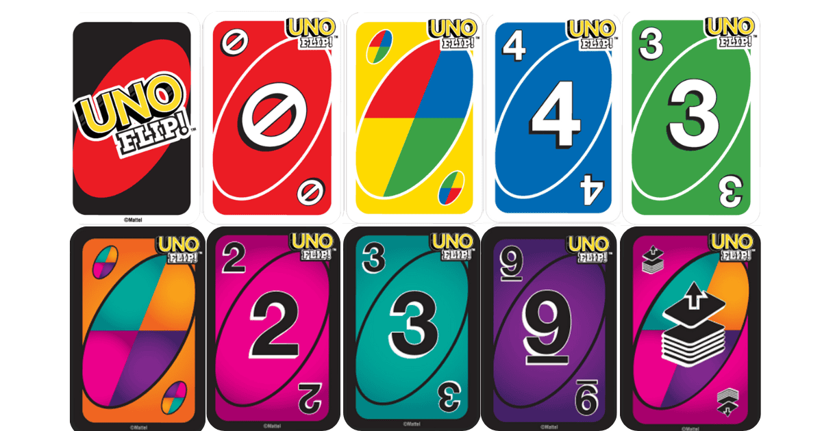 Colorful UNO Flip game cards displayed