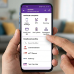 A user looking for "JioFiber" in the "Broadband/Landline" section of a UPI app, but it's not listed.