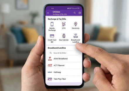 A user looking for "JioFiber" in the "Broadband/Landline" section of a UPI app, but it's not listed.
