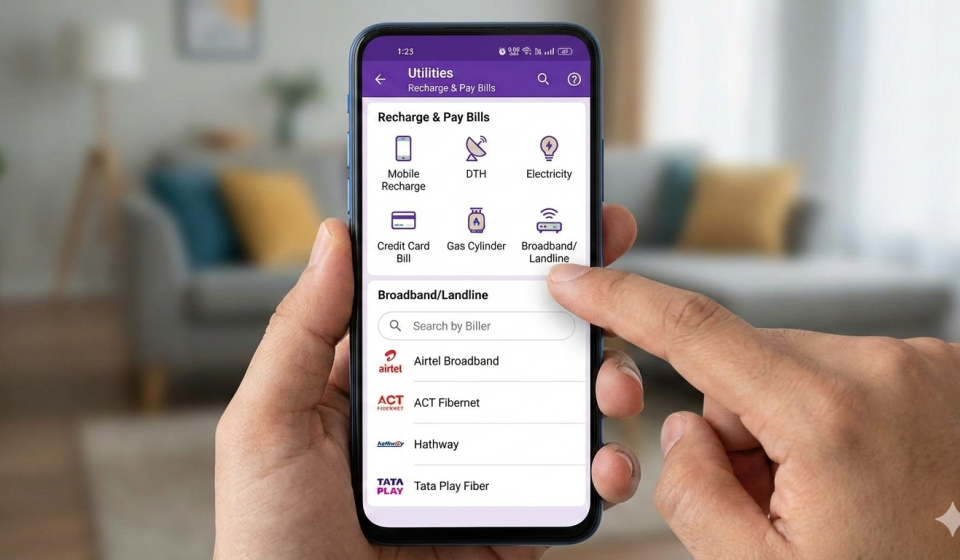 A user looking for "JioFiber" in the "Broadband/Landline" section of a UPI app, but it's not listed.