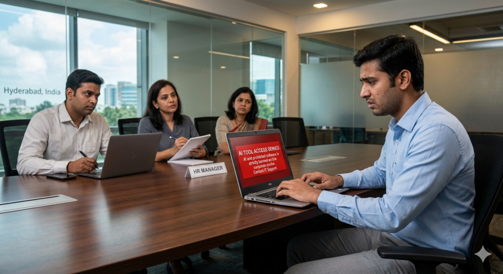 An image that depicts a person in interview with a panel and he wants to use AI but AI is banned in his laptop