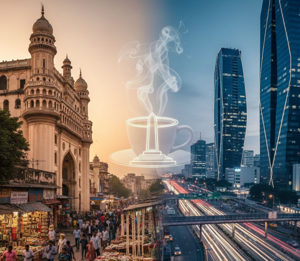 10 Must-Do Things in Hyderabad for an Amazing Experience 1 A split-composition artistic image of Hyderabad showing the contrast between its heritage and modernity. On the left, the historic Charminar stands over a bustling traditional market during the day. On the right, sleek modern skyscrapers and glowing highway traffic lights represent the Financial District at night. A steaming cup of Irani chai is subtly centered between the two worlds, symbolizing the city's unified culture.