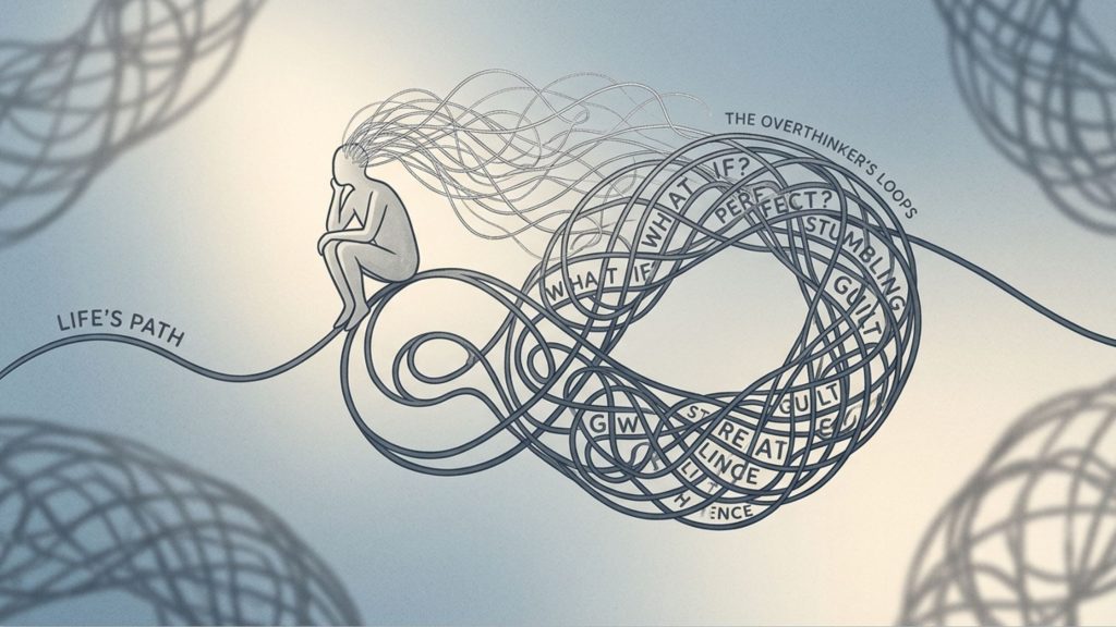 A cinematic, high-contrast photo of a large, messy knot made of dark rope sitting on a wooden table. Several hands from the shadows pull different strands labeled "Family Expectations" and "Career Pressure." In the center, a person’s hands gently part the dark fibers to reveal a glowing, bright yellow center labeled "Authentic Desires."