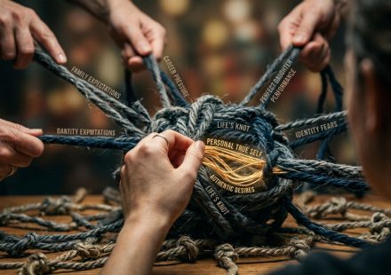 A minimalist digital art piece featuring a small, contemplative figure sitting on a single line that loops into a dense, chaotic knot. Inside the knot, words like "What if?", "Guilt," and "Stumbling" are woven into the threads. The background is a soft, faded blue with shadow-like tangles in the corners.