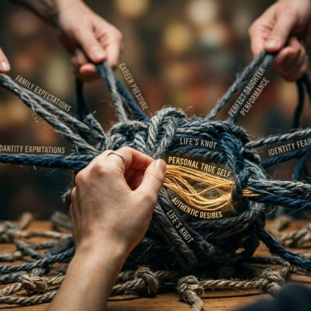 A minimalist digital art piece featuring a small, contemplative figure sitting on a single line that loops into a dense, chaotic knot. Inside the knot, words like "What if?", "Guilt," and "Stumbling" are woven into the threads. The background is a soft, faded blue with shadow-like tangles in the corners.