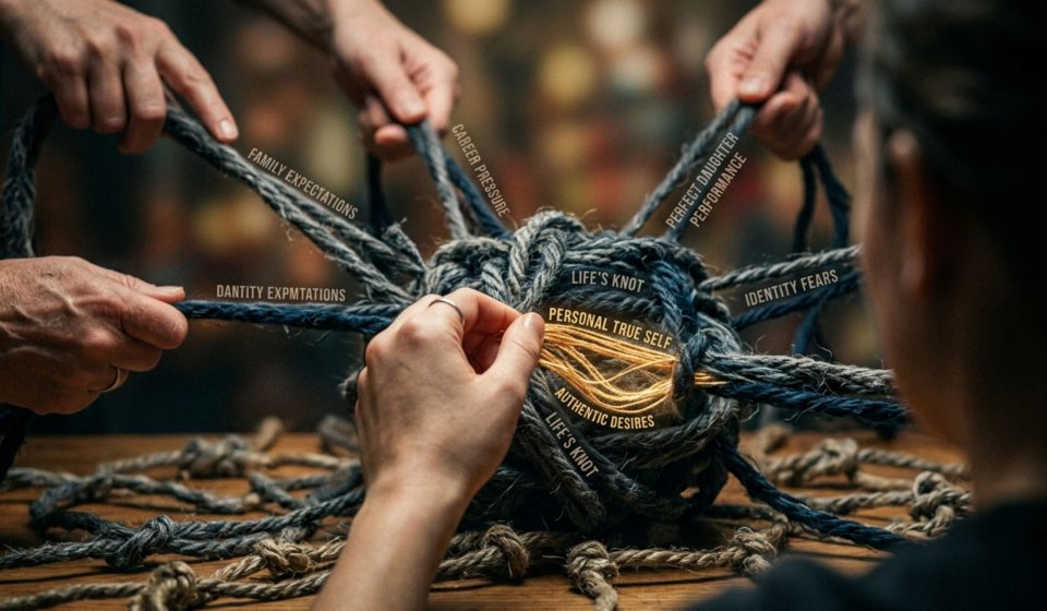 A minimalist digital art piece featuring a small, contemplative figure sitting on a single line that loops into a dense, chaotic knot. Inside the knot, words like "What if?", "Guilt," and "Stumbling" are woven into the threads. The background is a soft, faded blue with shadow-like tangles in the corners.